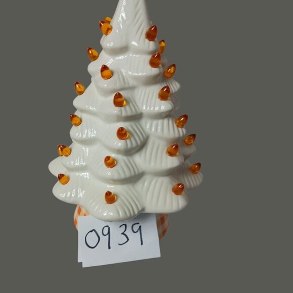 White Ceramic Christmas Tree With Orange Lights & Checkered Base - "14"Inches - Picture 3 of 5